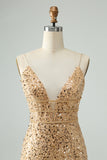 Glittrande Gyllene Bodycon Spaghetti Strap Kort Homecoming Klänning med Paljetter