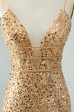 Glittrande Gyllene Bodycon Spaghetti Strap Kort Homecoming Klänning med Paljetter