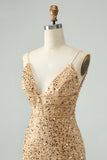 Glittrande Gyllene Bodycon Spaghetti Strap Kort Homecoming Klänning med Paljetter