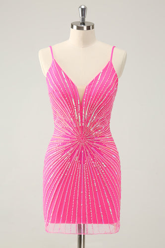 Spaghetti Remmar Fuchsia Bodycon Homecoming Klänning med Paljetter