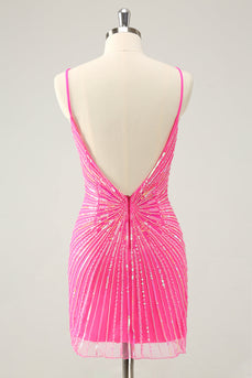 Spaghetti Remmar Fuchsia Bodycon Homecoming Klänning med Paljetter