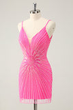 Spaghetti Remmar Fuchsia Bodycon Homecoming Klänning med Paljetter