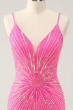 Spaghetti Remmar Fuchsia Bodycon Homecoming Klänning med Paljetter