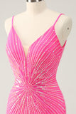 Spaghetti Remmar Fuchsia Bodycon Homecoming Klänning med Paljetter