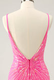 Spaghetti Remmar Fuchsia Bodycon Homecoming Klänning med Paljetter