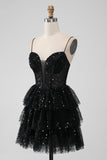Glittrande Svart Spaghetti Straps Tiered Homecoming Klänning med Paljetter