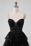 Glittrande Svart Spaghetti Straps Tiered Homecoming Klänning med Paljetter
