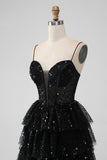 Glittrande Svart Spaghetti Straps Tiered Homecoming Klänning med Paljetter