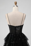 Glittrande Svart Spaghetti Straps Tiered Homecoming Klänning med Paljetter