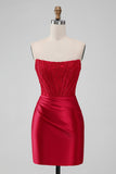 Sparky Red Bodycon Axelbandslös Kort Homecoing Klänning med pärlor