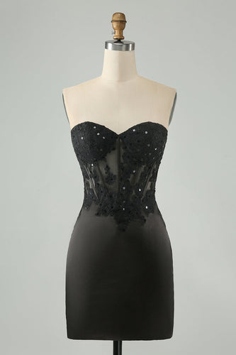 Glittrande svart Bodycon Sweetheart Corset Homecoming Klänning med applikationer