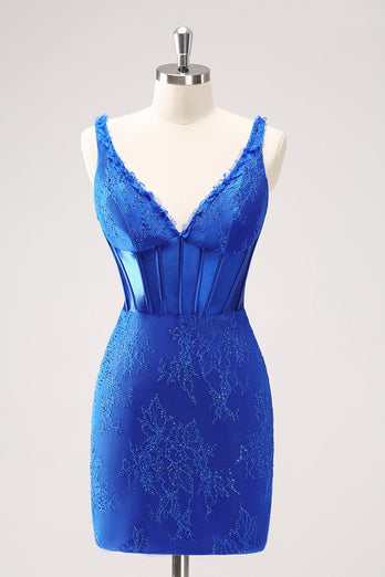 Royal Blue Bodycon V-ringad Kort Homecoming Klänning med Snörning Upp Tillbaka