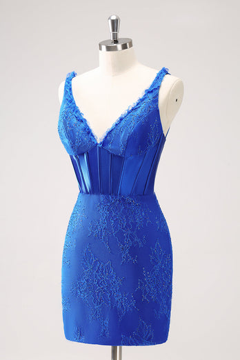 Royal Blue Bodycon V-ringad Kort Homecoming Klänning med Snörning Upp Tillbaka