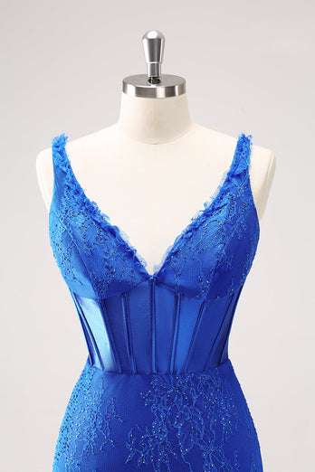 Royal Blue Bodycon V-ringad Kort Homecoming Klänning med Snörning Upp Tillbaka