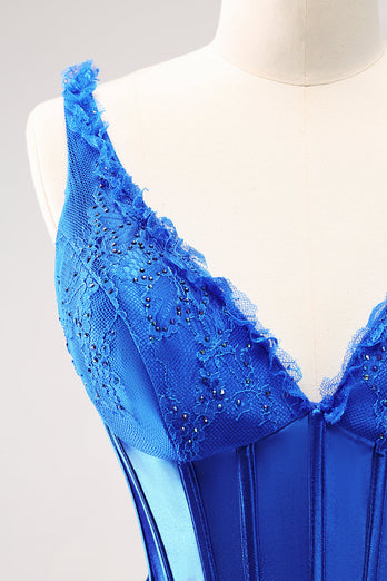 Royal Blue Bodycon V-ringad Kort Homecoming Klänning med Snörning Upp Tillbaka