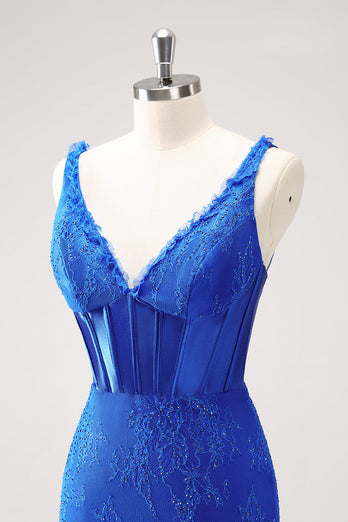 Royal Blue Bodycon V-ringad Kort Homecoming Klänning med Snörning Upp Tillbaka