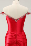 Glitter Röd Pärlstav Från Axeln Satin Tight Homecoming Klänning