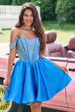Glittrande Blå En linje Från Axeln Satin Ruffle Homecoming Klänning med Beading