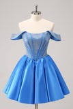 Glittrande Blå En linje Från Axeln Satin Ruffle Homecoming Klänning med Beading