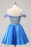 Glittrande Blå En linje Från Axeln Satin Ruffle Homecoming Klänning med Beading