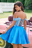 Glittrande Blå En linje Från Axeln Satin Ruffle Homecoming Klänning med Beading