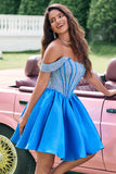 Glittrande Blå En linje Från Axeln Satin Ruffle Homecoming Klänning med Beading