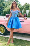 Glittrande Blå En linje Från Axeln Satin Ruffle Homecoming Klänning med Beading