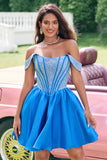 Glittrande Blå En linje Från Axeln Satin Ruffle Homecoming Klänning med Beading
