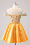 Glittrande Blå En linje Från Axeln Satin Ruffle Homecoming Klänning med Beading