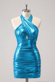 Metallisk Tight Halter Backless Satin Blå Homecoming Klänning