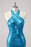 Metallisk Tight Halter Backless Satin Blå Homecoming Klänning