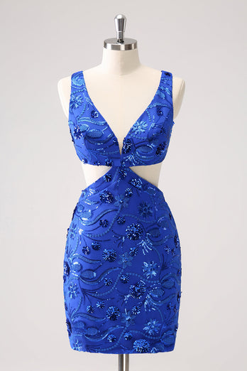 Royal Blue Bodycon Cut Out Homecoming Klänning med Bading