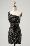 Glitter Svart One Shouder Tight Kort Homecoming Klänning med Beading