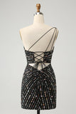 Glitter Svart One Shouder Tight Kort Homecoming Klänning med Beading
