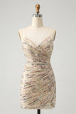 Glitter Champagne Spaghetti Straps Tight Kort Homecoming Klänning med Paljetter