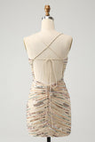 Glitter Champagne Spaghetti Straps Tight Kort Homecoming Klänning med Paljetter