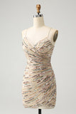 Glitter Champagne Spaghetti Straps Tight Kort Homecoming Klänning med Paljetter