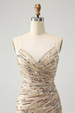 Glitter Champagne Spaghetti Straps Tight Kort Homecoming Klänning med Paljetter