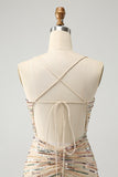 Glitter Champagne Spaghetti Straps Tight Kort Homecoming Klänning med Paljetter