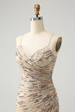 Glitter Champagne Spaghetti Straps Tight Kort Homecoming Klänning med Paljetter