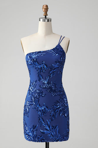 Glittrande Bodycon Royal Blue One Shoulder Paljetter Homecoming Klänning med Broderi