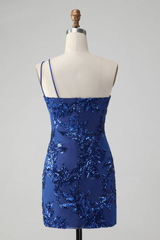 Glittrande Bodycon Royal Blue One Shoulder Paljetter Homecoming Klänning med Broderi