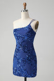 Glittrande Bodycon Royal Blue One Shoulder Paljetter Homecoming Klänning med Broderi