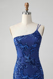 Glittrande Bodycon Royal Blue One Shoulder Paljetter Homecoming Klänning med Broderi