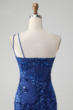 Glittrande Bodycon Royal Blue One Shoulder Paljetter Homecoming Klänning med Broderi