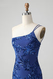 Glittrande Bodycon Royal Blue One Shoulder Paljetter Homecoming Klänning med Broderi