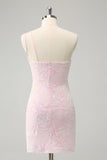 Glitter Rosa One Shoulder Tight Homecoming Klänning med Paljetter