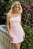 Rosa One Shoulder Applique Paljetter Mini Bodycon Homecoming Klänning