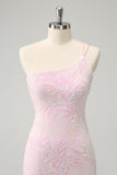 Glitter Rosa One Shoulder Tight Homecoming Klänning med Paljetter
