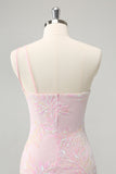 Glitter Rosa One Shoulder Tight Homecoming Klänning med Paljetter